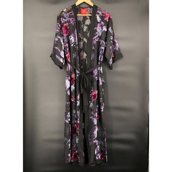 Chelsea & Violet Women's Sheer Velvet Burnout Floral Long Kimono Robe XS Black - Picture 1 of 6